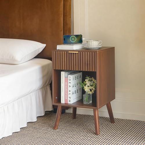 Walnut Brown Nightstand with Charging Station - Fluted Bedside Table with Storage