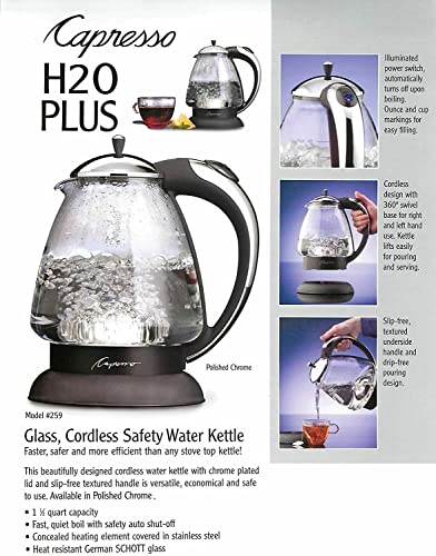 Capresso 259 Polished Chrome Water Kettle - Fast Boil, 48oz, German Duran Glass