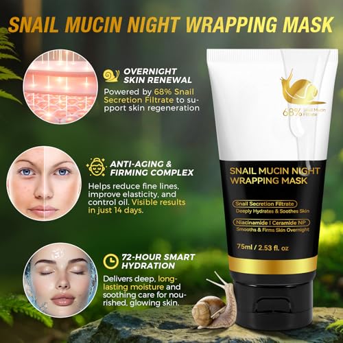 2Pack 9000PPM Snail Mucin Collagen Overnight Wrapping Peel Off Mask for Intensive Hydrating, Skin Barrier Repairing, Reducing Sagging/Wrinkles/Fine Lines, 2.53 Oz/75 ML