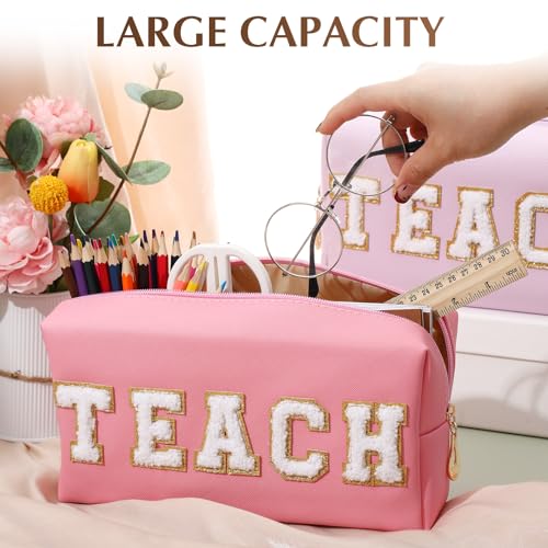 Preppy Colorful Makeup Bag for Teachers - PU Leather Cosmetic Organizer with Glitter Teach Variation