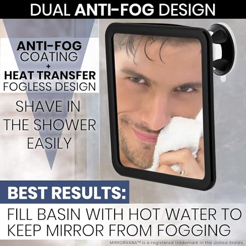 MIRRORVANA Fogless Shower Mirror for Shaving with Upgraded Suction, Dual Anti Fog Design, Shatterproof Surface & 360¡Æ Swivel, 8" x 7"