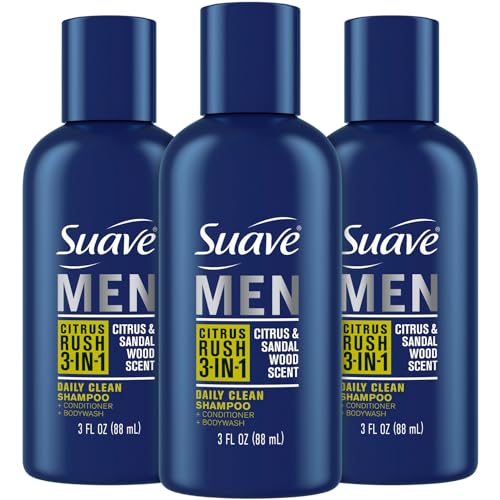 Suave Men Body Wash 3-in-1 Citrus Rush ? Travel-Size Shampoo, Conditioner & Soap All-in-One Formula with Keratin for Healthy Hair & Skin, 3 Oz Ea (Pack of 3)