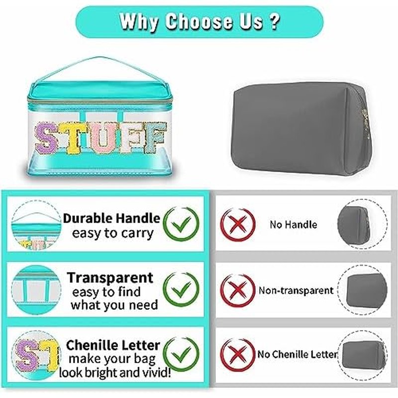 2 Pack Chenille Letter Clear Makeup Bags Stuff Pouch, Preppy Patch Makeup Bag Zipper with Handle, Pink Stuff Bags for Travel Nylon Waterproof Glitter Cosmetic Toiletry Storage for Women(Pink+Green)