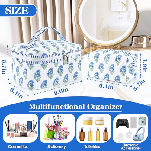 Blue-White Floral 2-Piece Quilted Makeup Bag Set Travel Cosmetic Bags