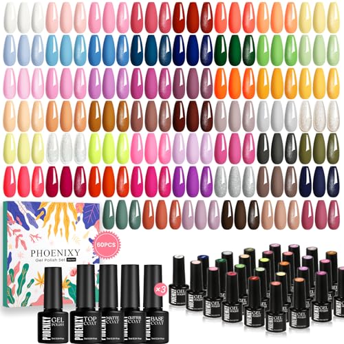 phoenixy 60 Pcs Gel Nail Polish Set, 54 Colors Soak Off Gel Polish Milky White Burgundy Red Blue Yellow All Season 6 Pcs Base Top Coat DIY Beginners Gift Set for Women