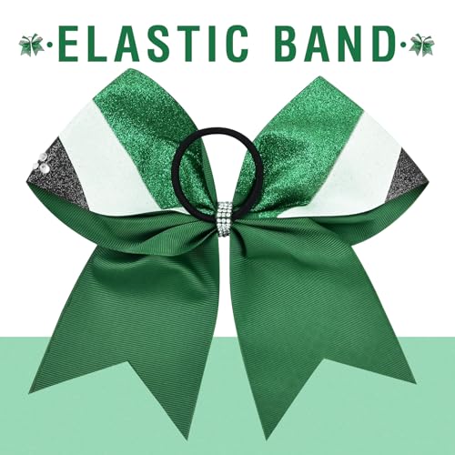 Deeka 6 pcs 7" Glitter Cheer Hair Bows for Girls with Rhinestones - Green/Black/White