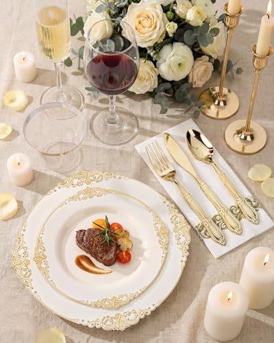 Morejoy Ivory and Gold Plastic Dinnerware Set 350PCS – Elegant Disposable Plates, Cups & Utensils for Events