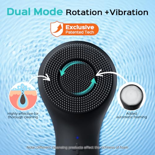 COSLUS FBS03 Face Scrubber Facial Cleansing Brush: 2 in 1 Spin and Vibration Patented, Silicone Electric Exfoliator Scrubber with Automatic Foaming, Waterproof Face Cleanser Brush for Men and Women