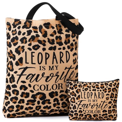 Paterr 2 Pack Leopard Print Makeup Bag and Tote Bag Cheetah Canvas Handbag Zipper Pouch Gifts for Women