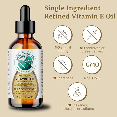 Bella Terra Oils Natural Vitamin E Oil 4oz - Wheat Germ Derived Face, Body & Hair Treatment