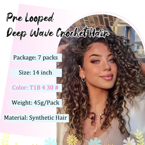 Deep Wave Crochet Hair 14 Inch Black to Brown Pre Looped 7 Packs - Short Curly Synthetic Braids