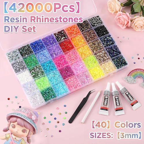 Resin Rhinestone Bedazzling Kit with 40 Colors and Jewelry Glue - 42,000 Pieces