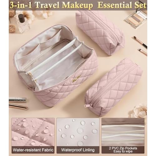 Travel Makeup Bag, 3 Pcs Large Capacity Puffy Toiletry Bag for Women, Open Flat Make up Cosmetic Organizer w/Handle & Clear Divider Water-resistant Portable Pouch Travel Essentials, L-Pink Rose