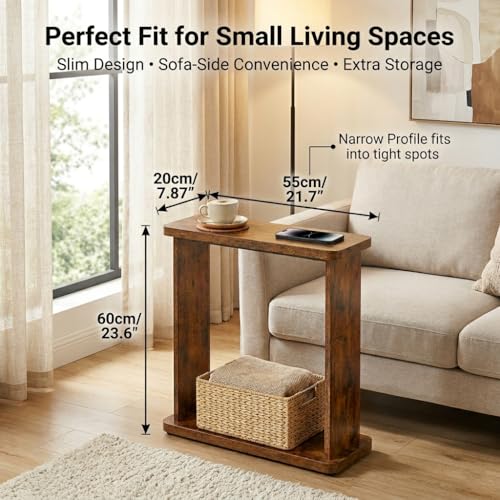 Rustic Brown Narrow Side Table - 7.9 Inch Slim End Table with Dual-Tier Storage
