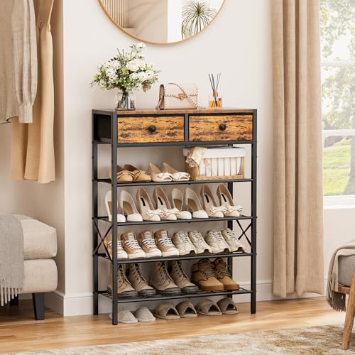 Rustic Brown 5-Tier Shoe Rack with 2 Drawers - Fits 16-20 Pairs, Adjustable Shelves