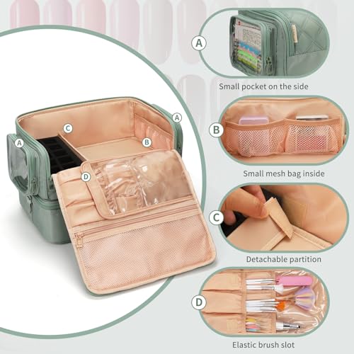 OCHEAL Nail Polish Organizer Bag 45+ Bottle Capacity with Side Pockets - Green, Detachable 2-in-1 Nail Tech Storage Case