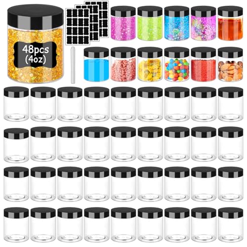 4oz Plastic Cosmetic Jars with Black Lids - 48 Pack Leak-Proof Refillable Containers