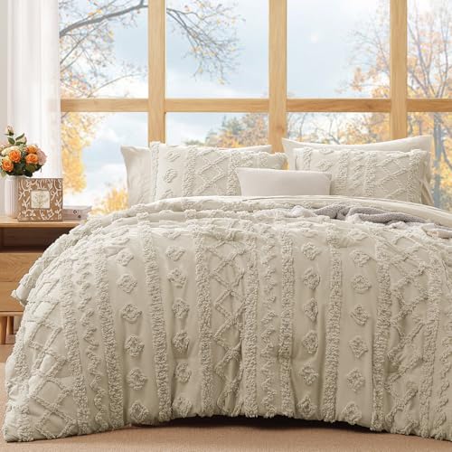 Queen Size Boho Tufted Comforter Set - Beige, 7 Pieces, Bed in a Bag