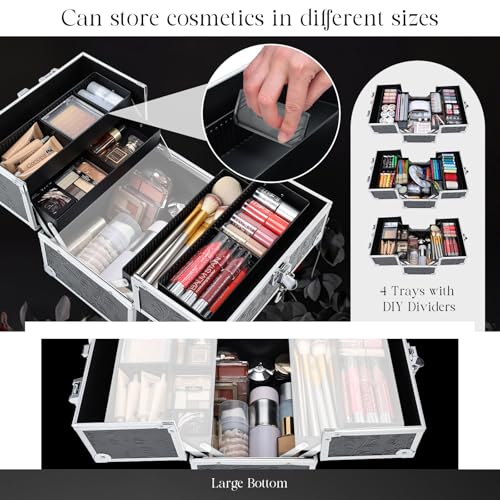 Black Floral Makeup Train Case with 4 Trays & Lockable Storage - Portable Organizer for Beauty Tools