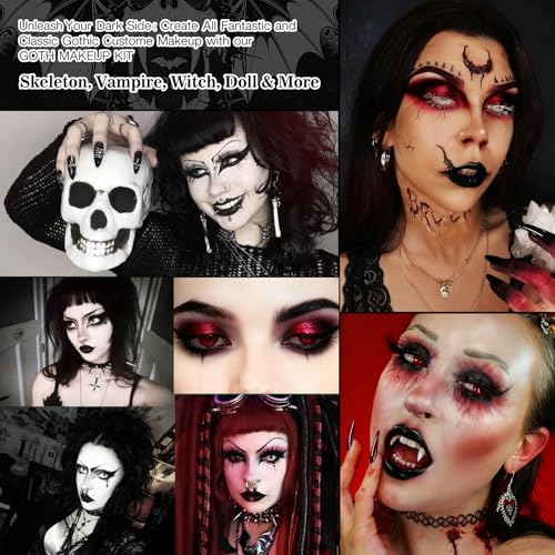 Goth Makeup Kit - Complete Halloween & Cosplay Gothic Face Paint Set with Fake Nails