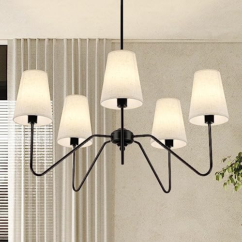 FIYUEOYI 5-Light Black Modern Farmhouse Chandelier with White Fabric Shade - Variation Black & White