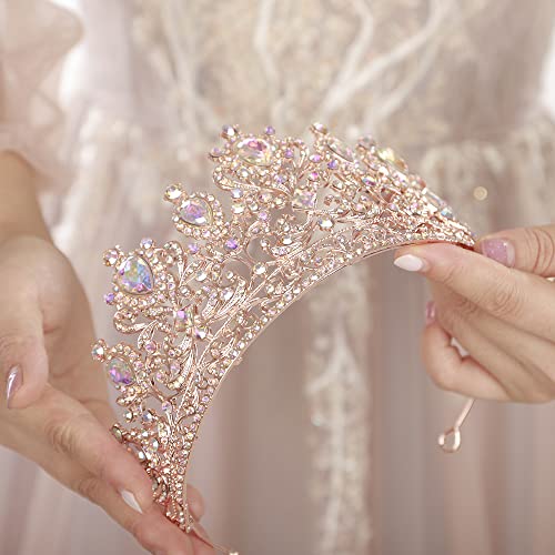 AB Rose Gold Vintage Rhinestone Tiara Crown for Women Bridal Prom Wedding Princess