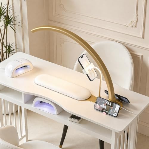 Nail Desk Lamp with Arm Rest - Shadow-Free Half Moon Light, Dimmable, Gold