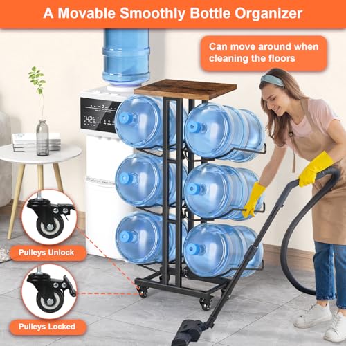 6 Bottle Water Jug Holder with Lockable Casters & Removable Wood Top - Brown