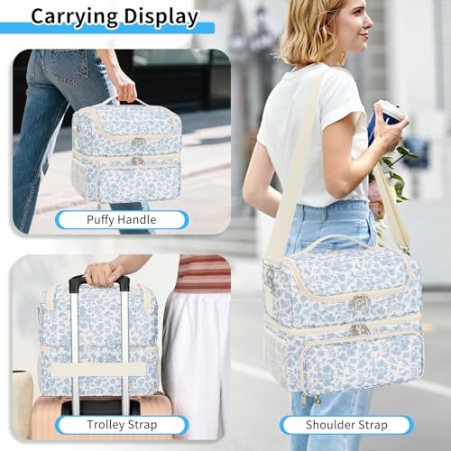 CUBETASTIC Nail Polish Organizer & Storage Bag for 48 Bottles & Full-Size Lamp, Double-Layer Travel Case Box for Nail Supplies, Manicure Kit & Pedicure Tools (Blue Floral, 48 Slots)