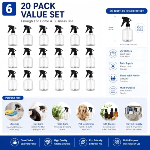 20 Pack 8 Oz Refillable Plastic Spray Bottles with Adjustable Nozzles