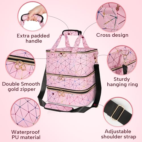 Nail Polish Organizer Bag Holds 84 Bottles & Nail Lamp, 3 Layers Nail Kit Storage Carrying Case Pu Leather, Large Nail Supplies Organizer With Shoulder Strap, Portable Travel Nail Bag,Pink