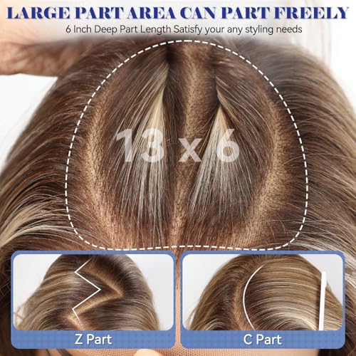 HD 13x6 Lace Front Synthetic Wig - 24 Inch Long Curly Brown Highlight Layered Wigs for Women