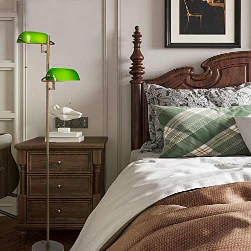 FIRVRE Green Glass Banker Floor Lamp with Adjustable Arm & Pull Chain Switch - Vintage Style Reading Light for Bedroom Office