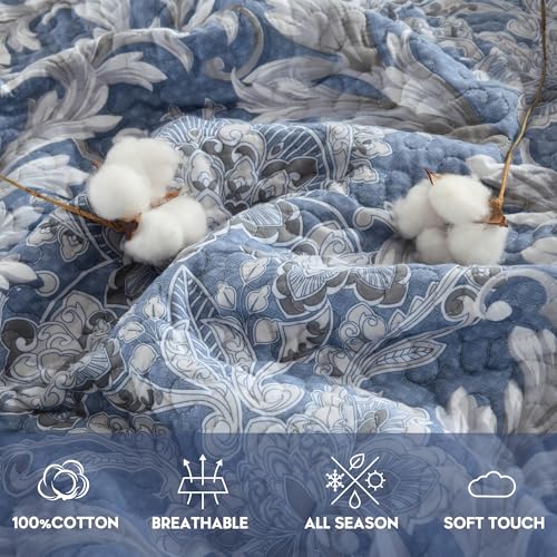 Queen Size 100% Cotton Quilt Set Blue Floral reversible sham included