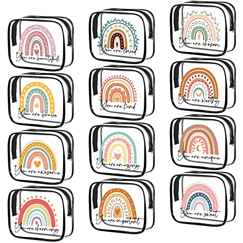 Hillban 12 Pcs Rainbow Clear Makeup Bag for Women Inspirational Quotes PVC Waterproof Cosmetic Bags Appreciation Travel Toiletry Pouch Gifts for Teacher Student Adults(Black)