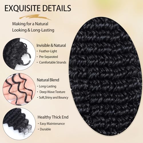Deep Wave Feather Crochet Hair 200 Strands 18 Inch 1B for Black Women - Knotless, Natural Look