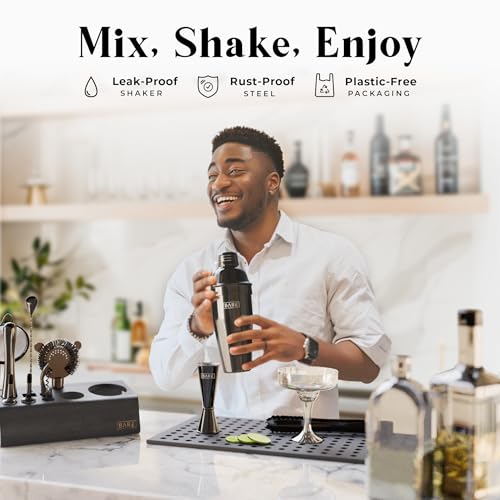 Bartender Kit Bar Set with 24oz Cobbler Shaker - Jet Black/Black, 14 Pieces with Recipe Cards