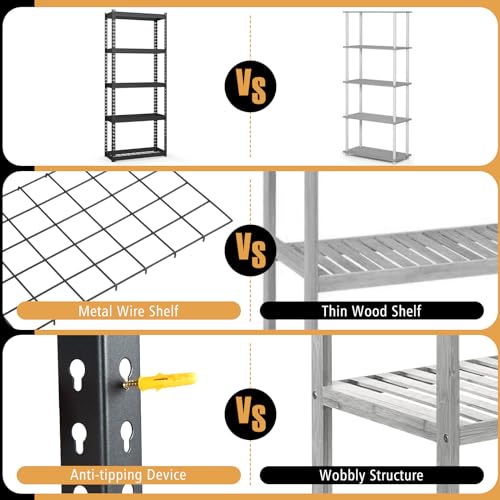 Black 2 Pack Heavy Duty Metal Shelving Units - 5-Tier Adjustable Wire Storage Racks, 12"D x 27.5"W x 66"H