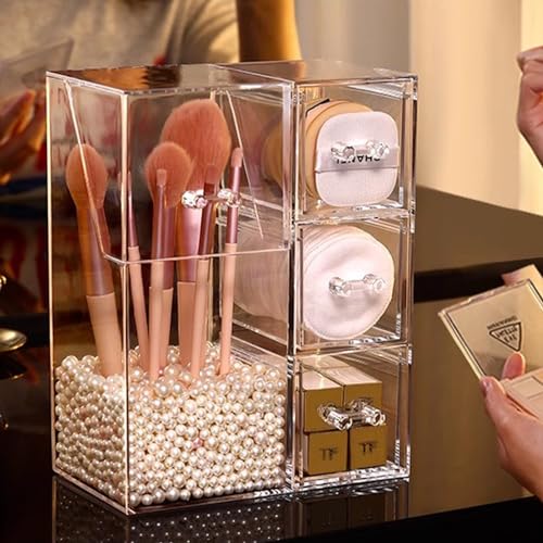 White ShellKingdom Makeup Brush Holder with Drawers & Pearls - Large Clear Cosmetic Organizer