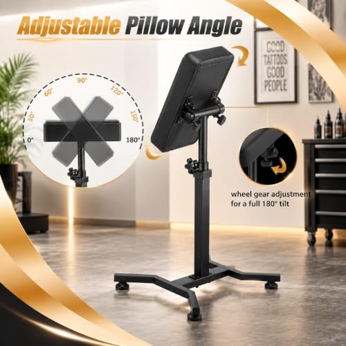 Tattoo Arm Rest Stand Black, Adjustable Height & 180° Tilt for Studio Use