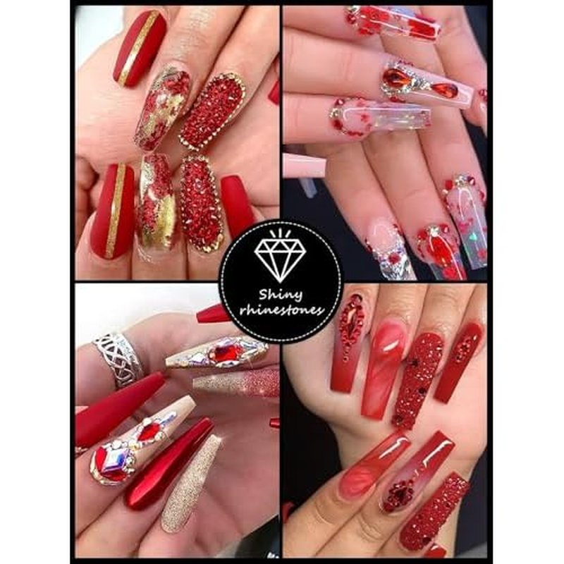 3100Pcs Red Rhinestones for Nails EBANKU Nail Art Rhinestones Kit Red Nail Crystal Rhinestones Mixed Shape with Rhinestone Picker Dotting Pen Tweezers for Valentine's Day DIY Nail Art Craft