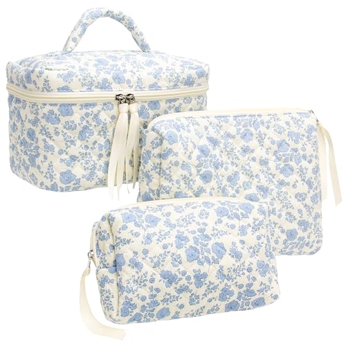Flower Blue 3-Piece Quilted Makeup Bag Set for Women - Cosmetic & Toiletry Organizer