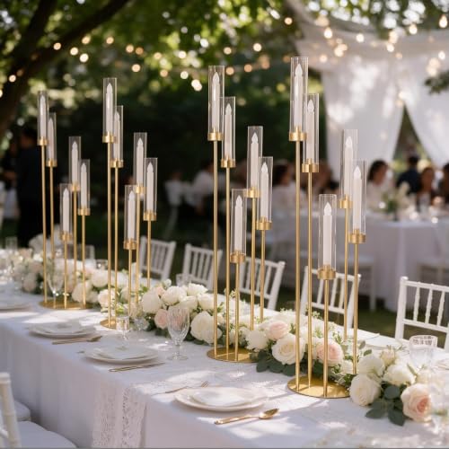 Gold 4-Piece 5-Arm Tall Candelabra Set with Acrylic Shades for Wedding & Events
