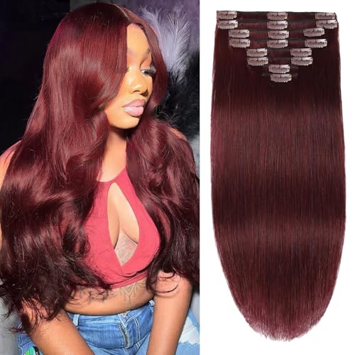 Burgundy Clip-In Hair Extensions 14 Inch 3.2oz Remy Human Hair Set for Women