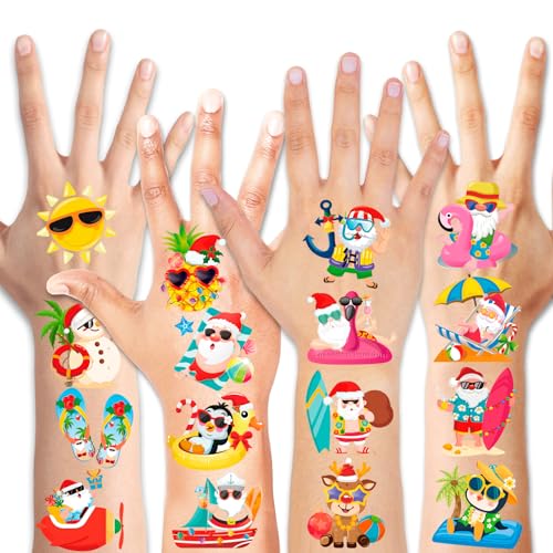 HOWAF 96 Pcs Hawaiian Christmas Temporary Tattoos, Tropical Christmas Party Decoration Waterproof Tattoos for Hawaiian Xmas, Hawaiian Flamingo Santa Tattoo Stickers for Mele Kalikimaka Decorations