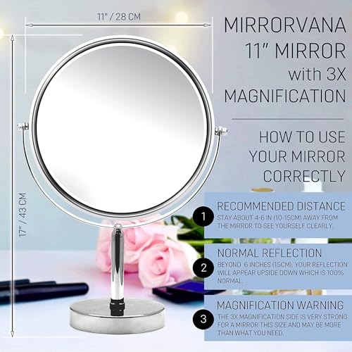 Mirrorvana XXL Double Sided 3X Magnifying Makeup Mirror with Stand - 17x11 Inches