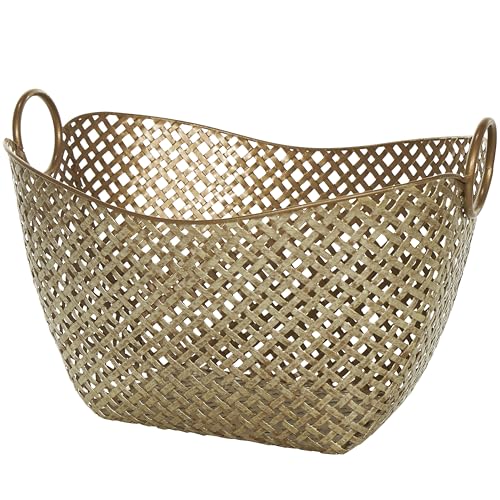 Gold Metal Storage Basket - Handmade Woven Organizer with Handles, 17 x 13 x 11 Inches