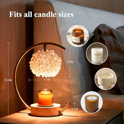 Gold Candle Warmer Lamp with Crystal Handcrafted Shade & Wooden Base - Adjustable Brightness & Timer, for Jar Candles, Home Decor