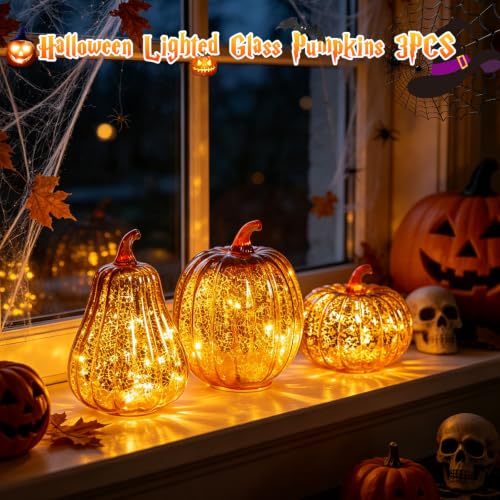 Orange Mercury Glass Pumpkin Light Set - 3 Pack Fall Halloween Porch Decor