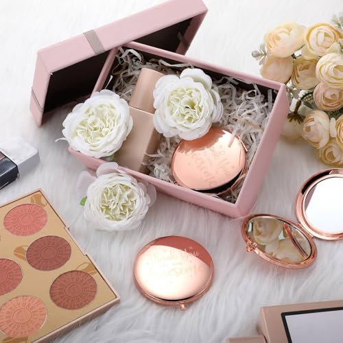 Rose Gold Compact Mirrors Set of 12 - Double Sided Travel Makeup & Magnifying Mirrors, Inspirational Quotes for Women and Gift